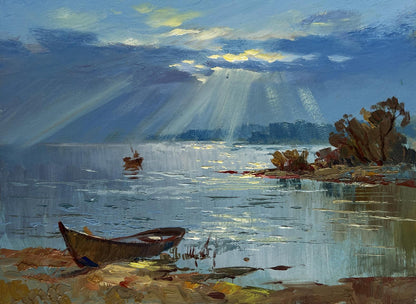 Oil painting by Yuriy Suprunchuk: rustic rowboat on sunlit shoreline