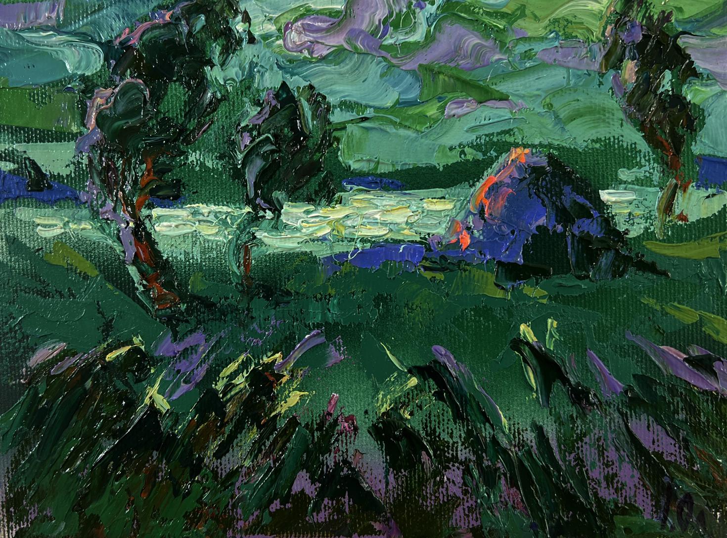 Vibrant impressionist oil painting of lush field landscape by Oleksiy Ivanyuk