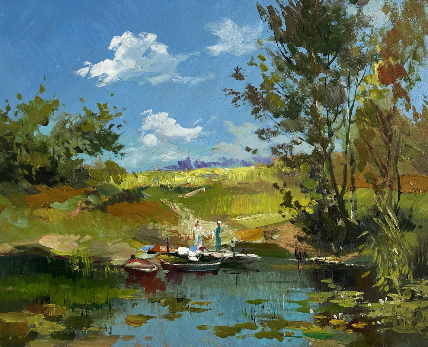 Serene impressionistic oil painting of summer lake by Yuriy Suprunchuk