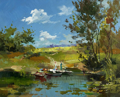 Serene impressionistic oil painting of summer lake by Yuriy Suprunchuk