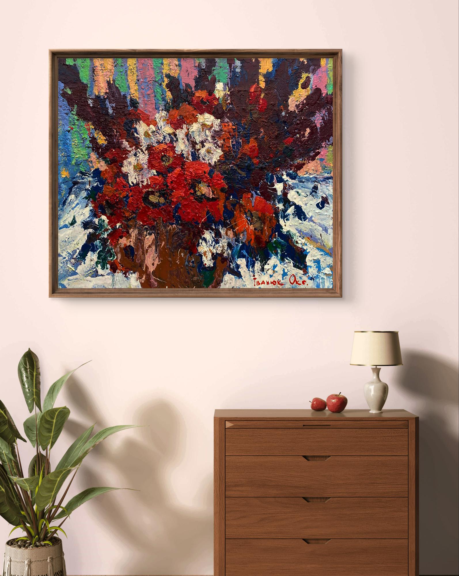 Vibrant Morning Bouquet of Poppies oil painting by Oksana Ivanyuk in wooden frame