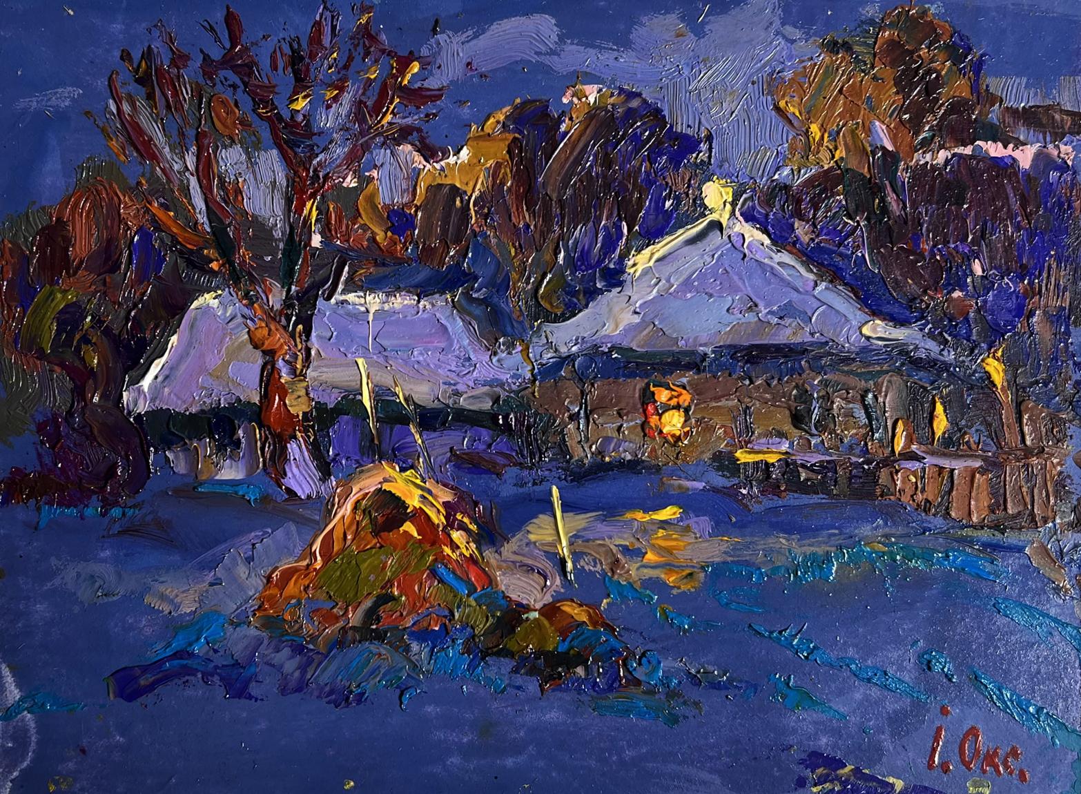 Vibrant impressionist oil painting Frosty winter evening by Oksana Ivanyuk