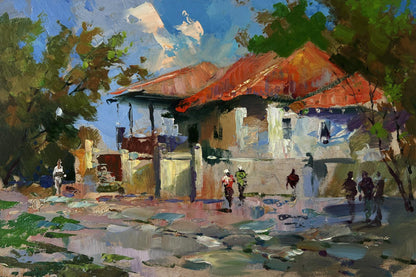 Vibrant impressionistic oil painting by Yuriy Suprunchuk of rustic city house