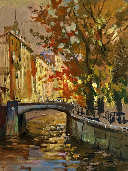 Oil painting of autumn city park canal by Yuriy Suprunchuk