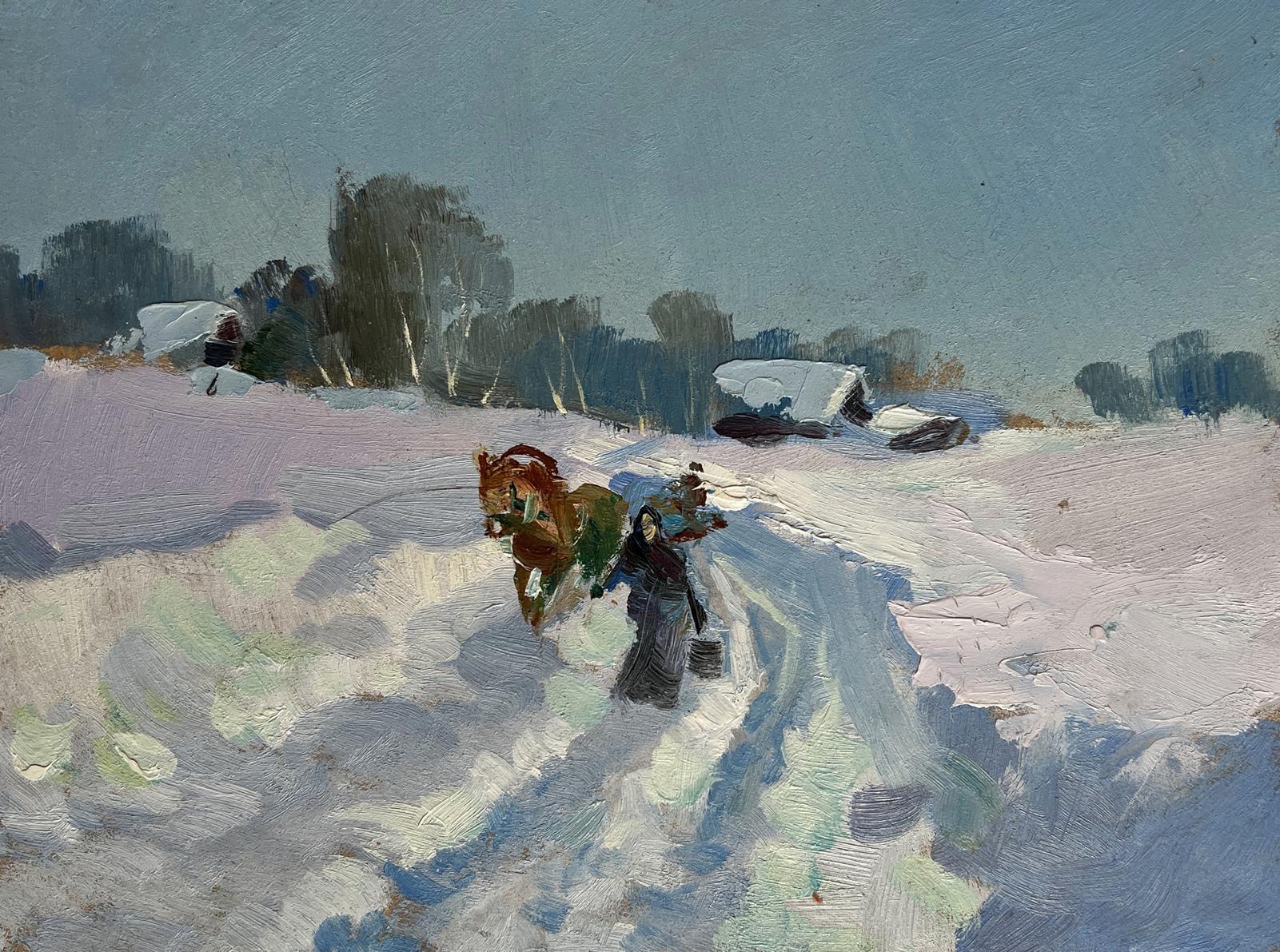 Oil painting Winter journey with horse by Yuriy Suprunchuk snowy sled scene