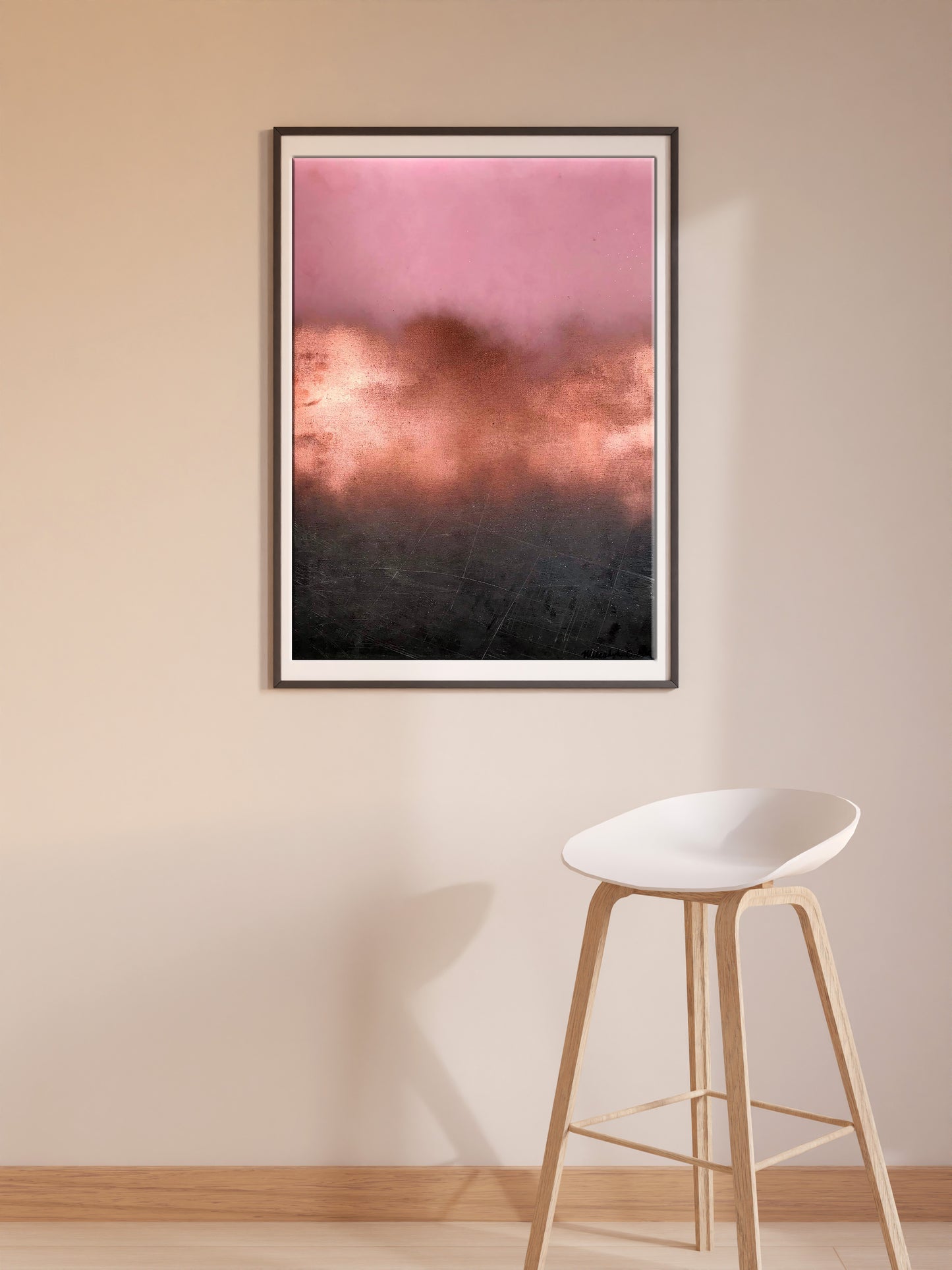 Morning Fog framed abstract artwork in pink-copper gradient on dark base