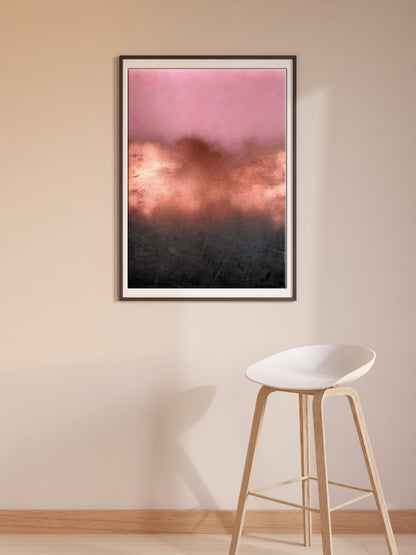 Morning Fog framed abstract artwork in pink-copper gradient on dark base