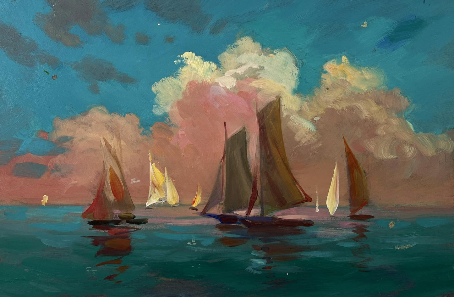 Oil painting Sunset at sea with ships by Yuriy Suprunchuk