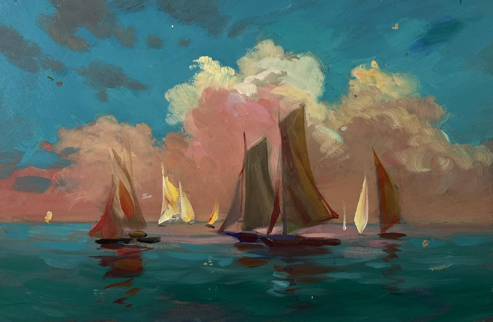 Oil painting Sunset at sea with ships by Yuriy Suprunchuk