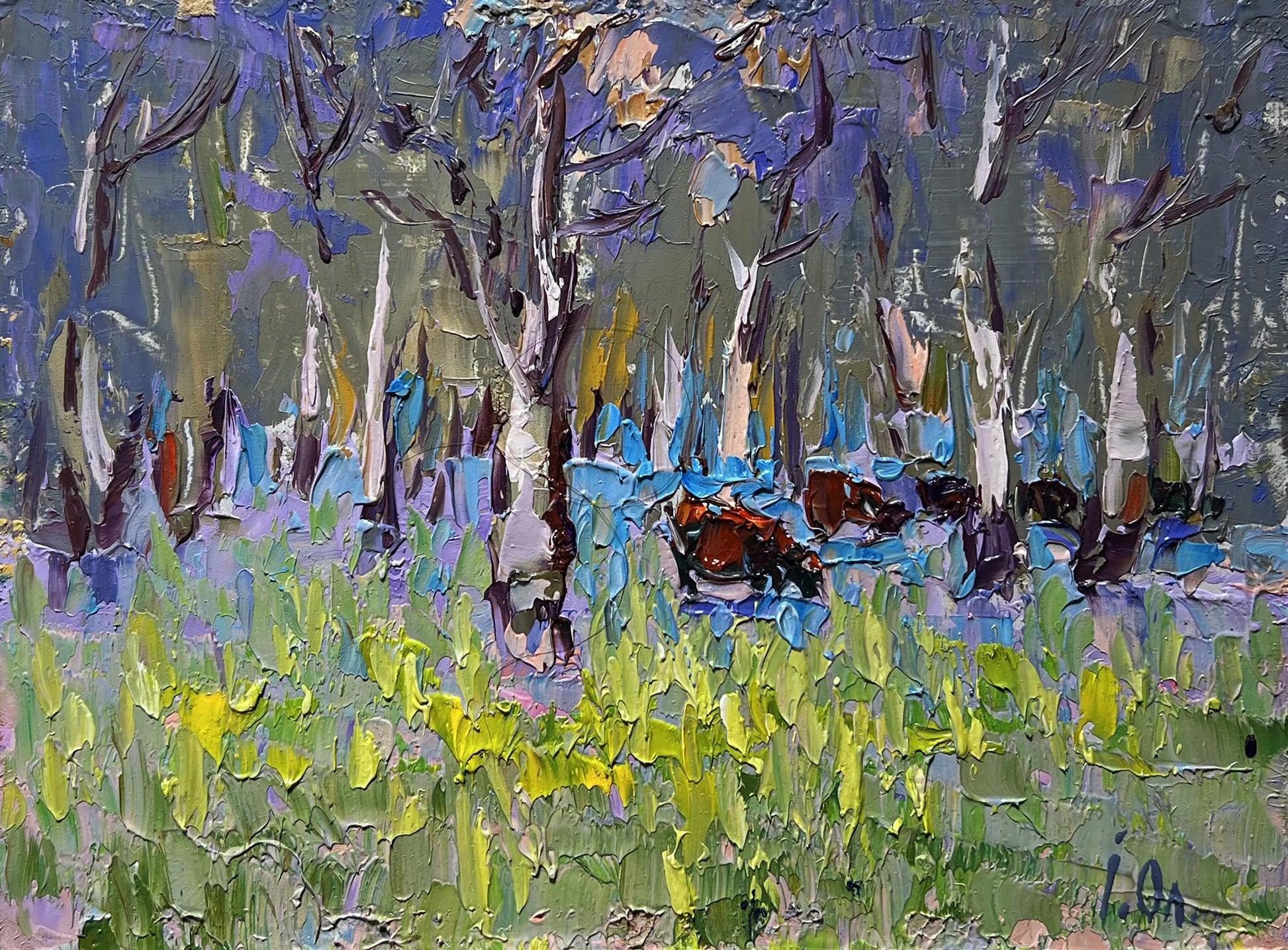 Vibrant impressionist oil painting of early spring blooming meadows by Oleksiy Ivanyuk