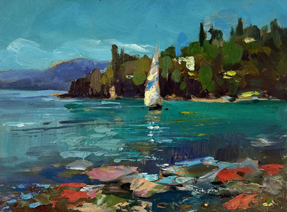 Oil painting of sailboat with striped sail on turquoise sea by Yuriy Suprunchuk