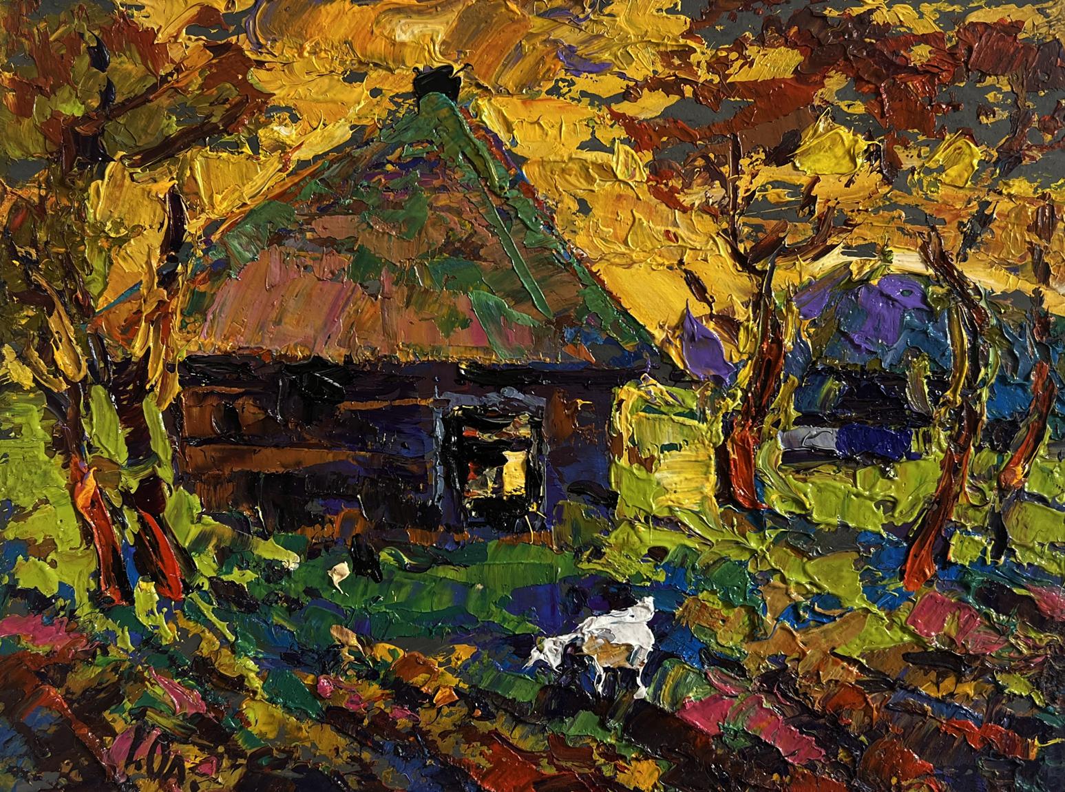 Oil painting Warm evening in the village by Oleksiy Ivanyuk autumn rustic house