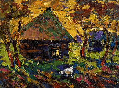 Oil painting Warm evening in the village by Oleksiy Ivanyuk autumn rustic house