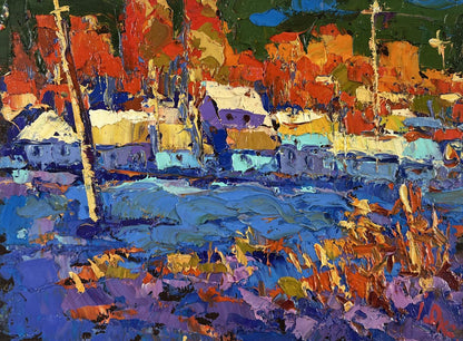 Vibrant impressionist oil painting by Oleksiy Ivanyuk of sunset over coastal village