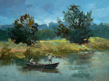Oil painting by Yuriy Suprunchuk: two figures rowing serene boat amid autumn trees