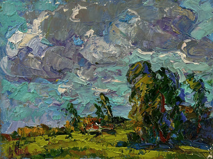 Vibrant oil painting Floating Clouds by Oksana Ivanyuk with teal sky and green field