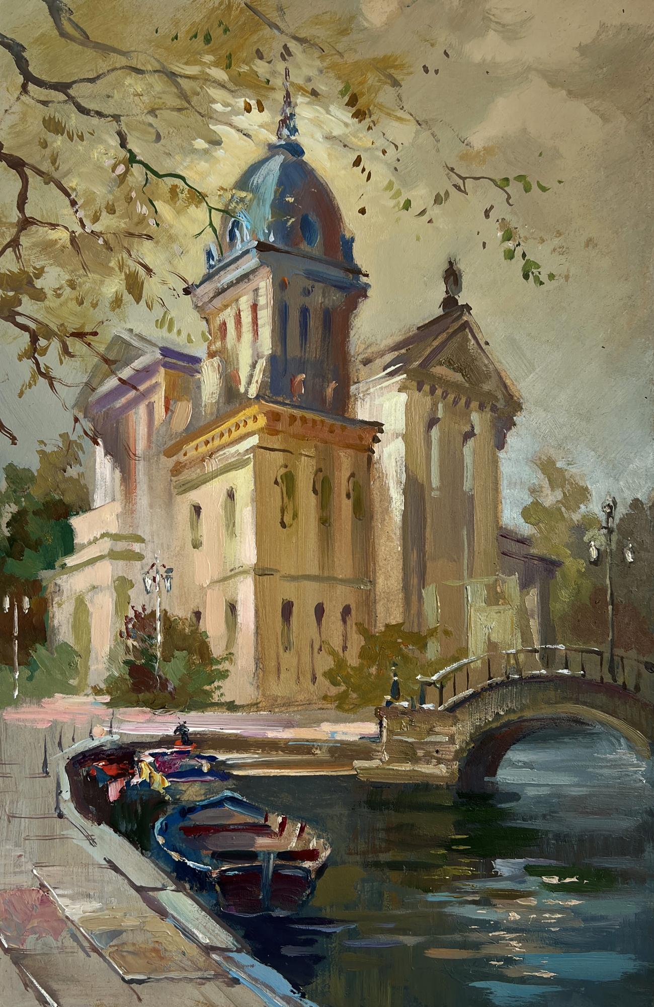 Oil painting of classical blue-domed building by canal by Yuriy Suprunchuk