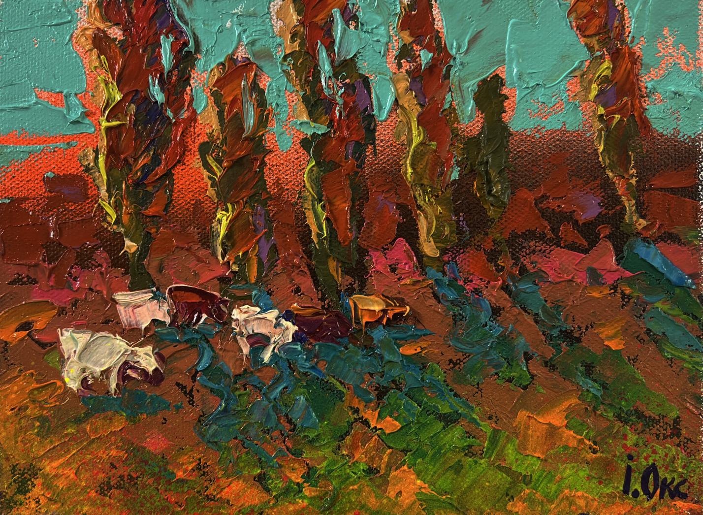 Vibrant impressionist oil painting Autumn evening in the field by Oksana Ivanyuk
