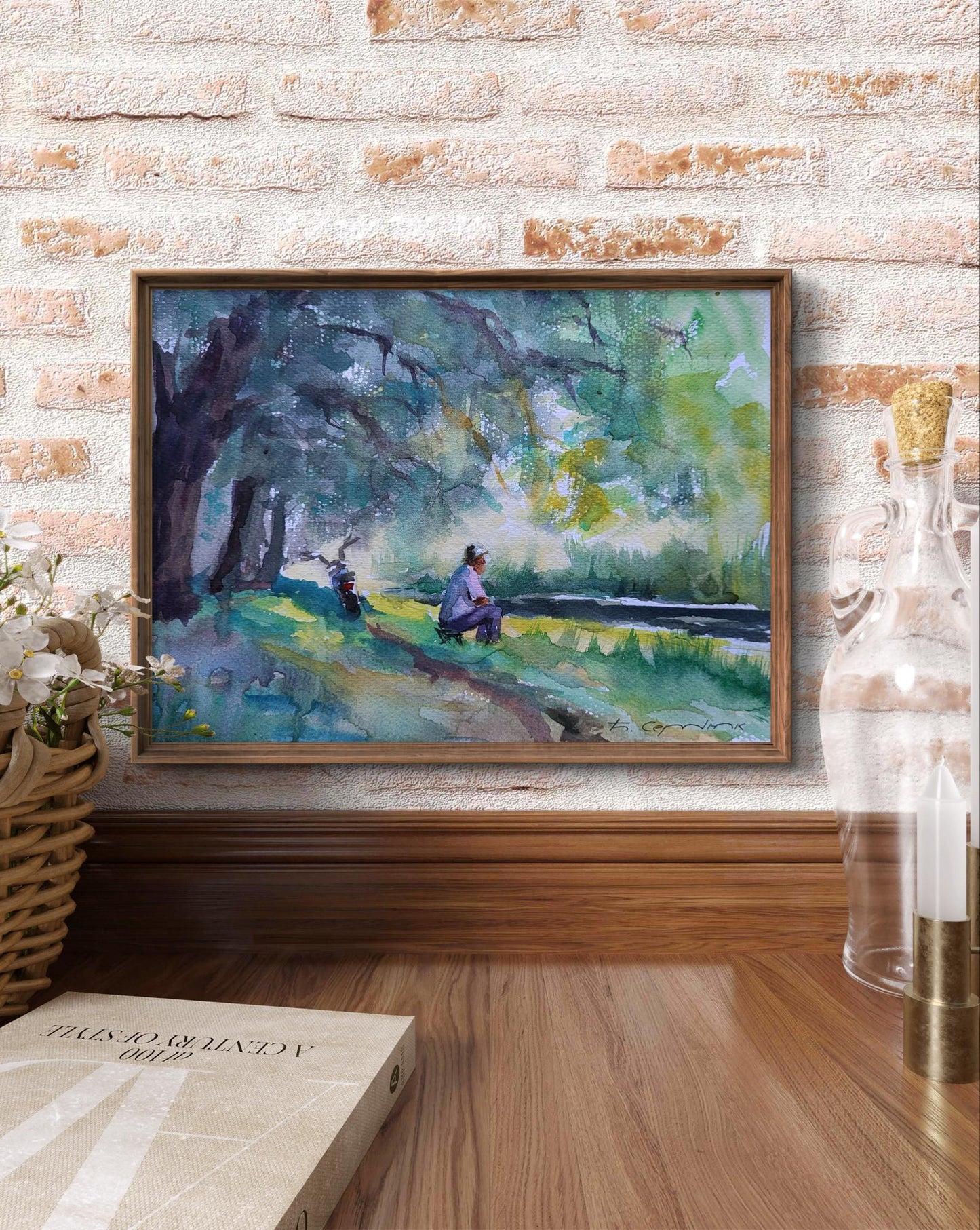 Framed watercolor painting By the shore of peace by Boris Serdyuk