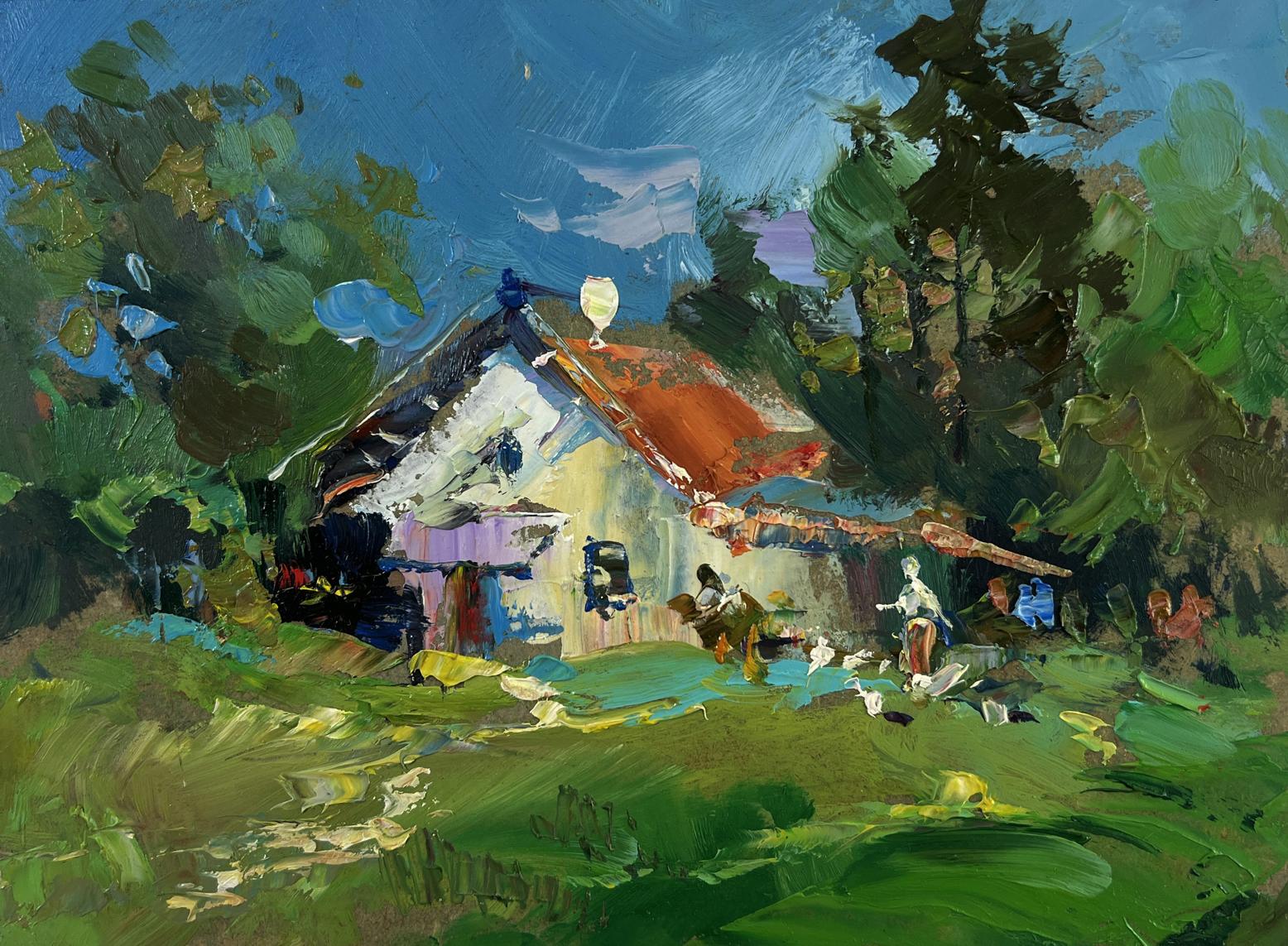 Oil painting of charming white cottage by Yuriy Suprunchuk