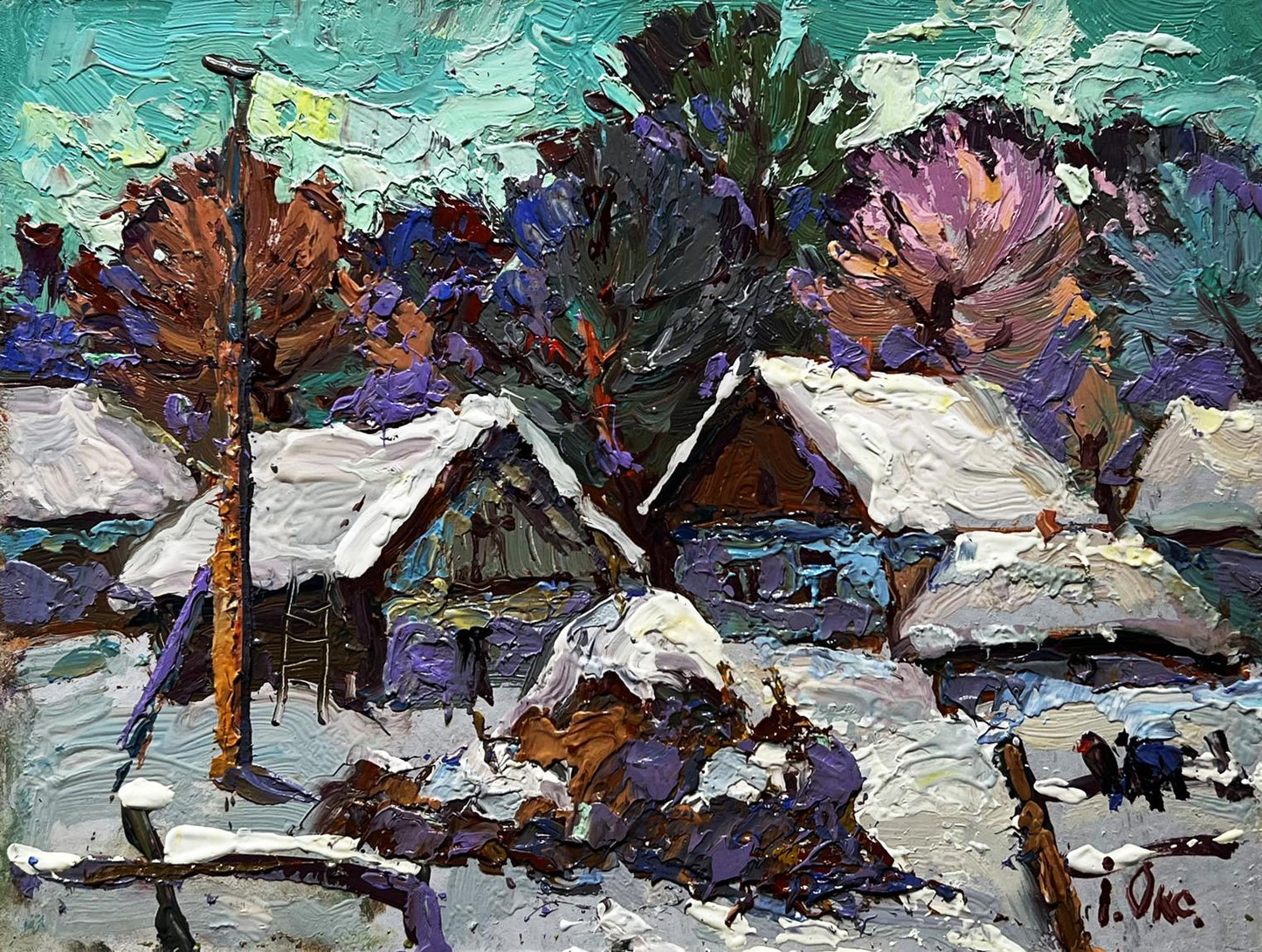 Oil painting by Oksana Ivanyuk: snow-covered yard with wooden houses, purple-brown trees
