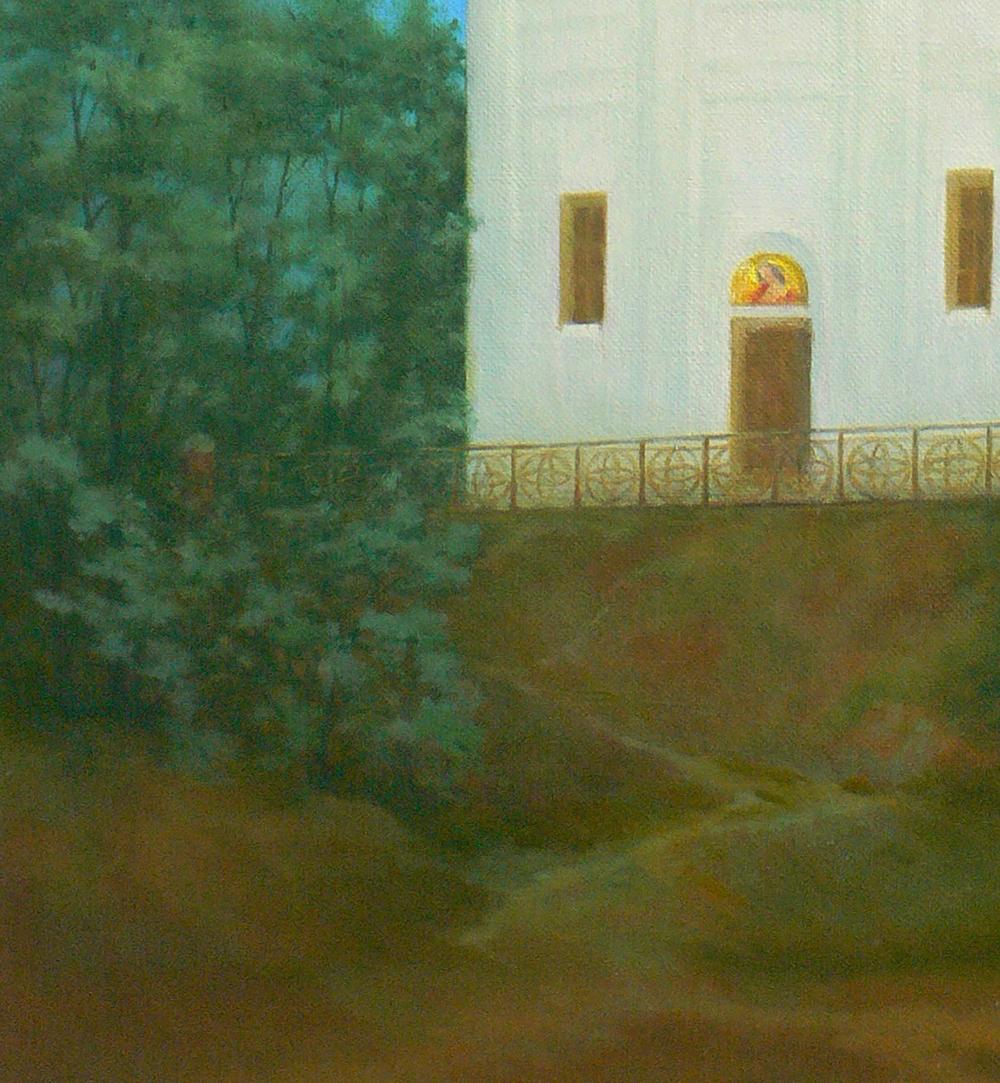 Oil painting of Church of St. Nicholas by Vasily Korkishko, white with brown doors