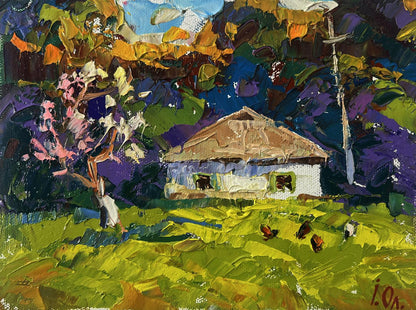 Rustic white house with thatched roof by Oleksiy Ivanyuk oil painting