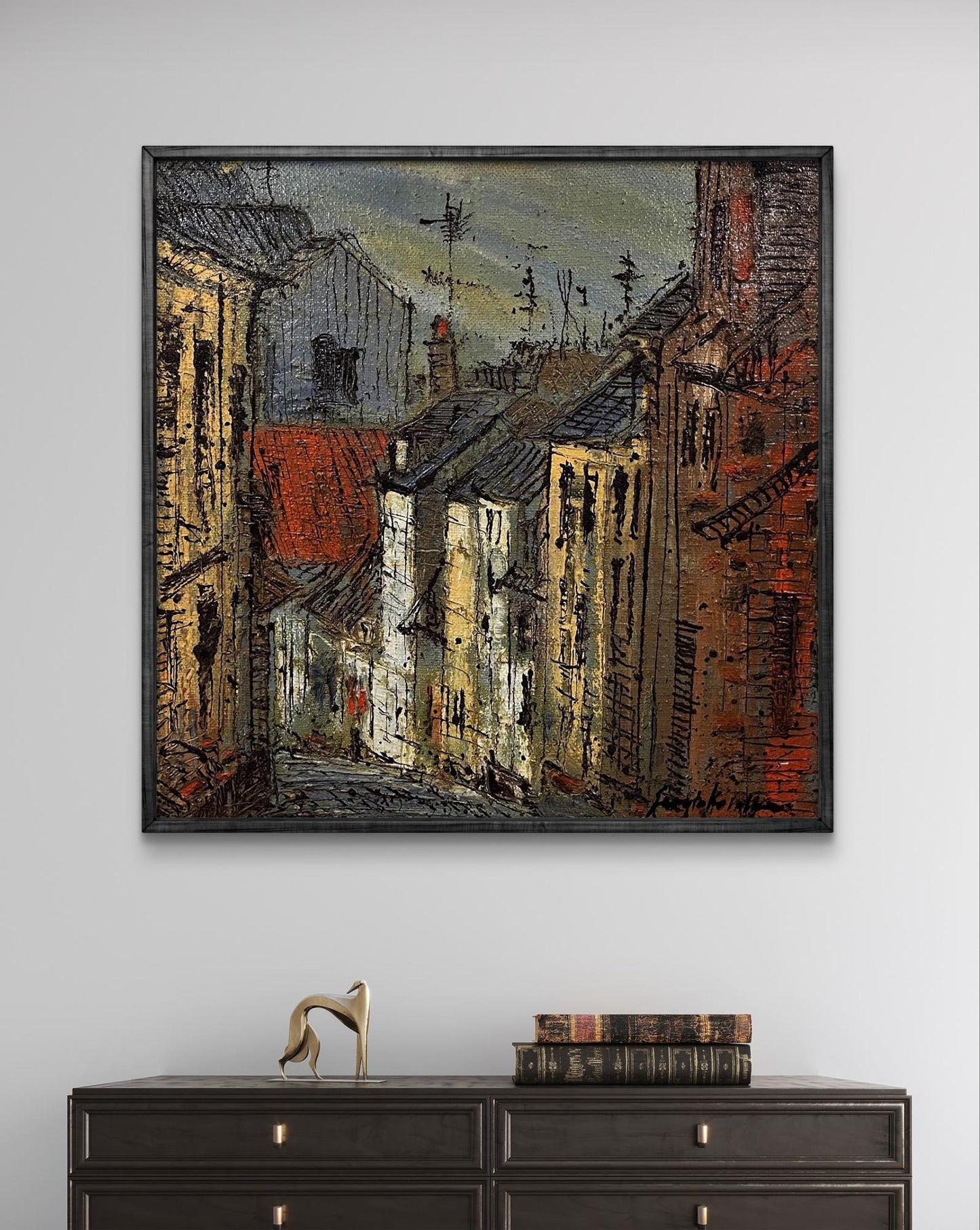 Framed Oil painting City descent by Serhiy Kovalev, textured earthy street scene