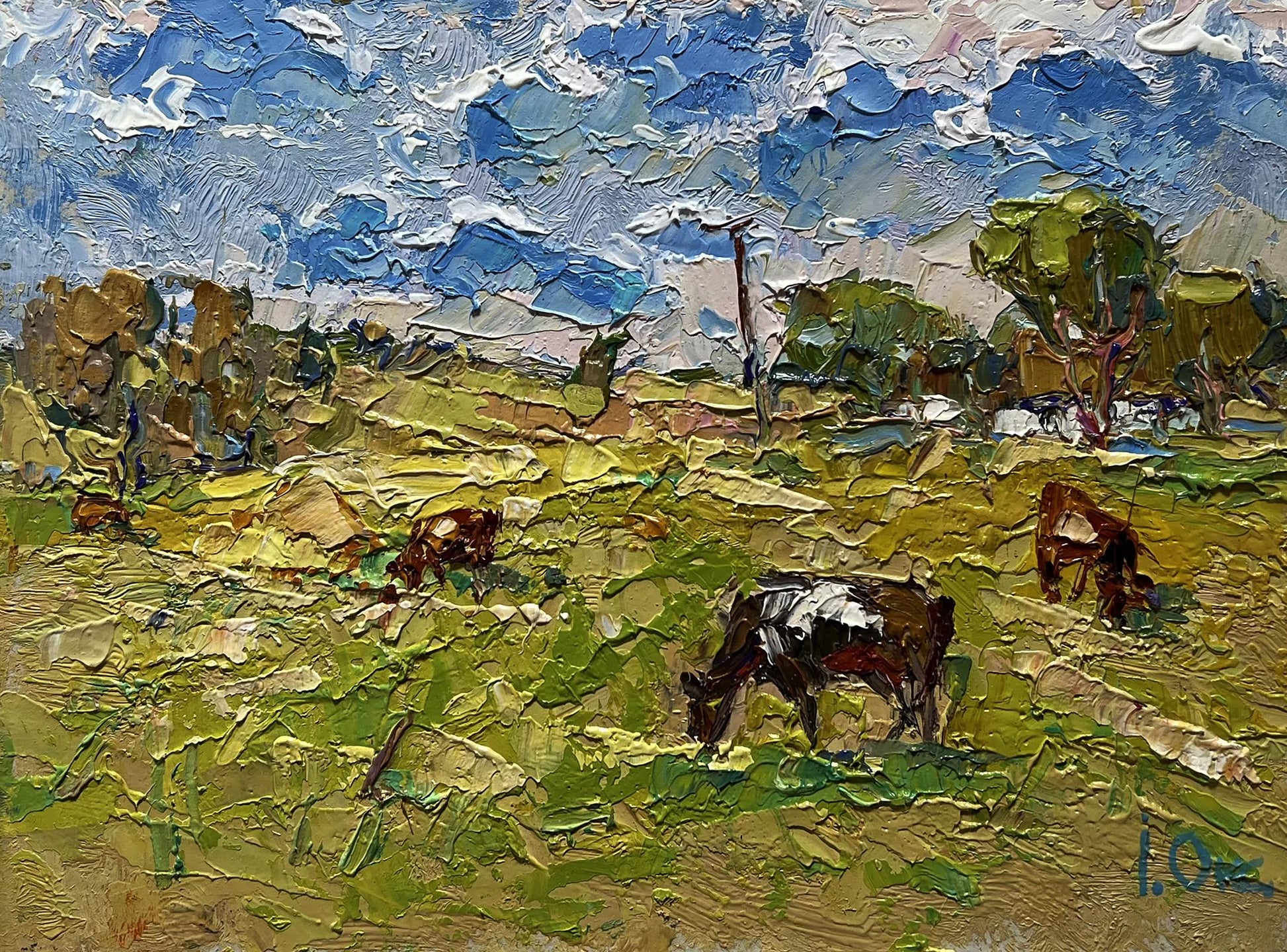 Impasto oil painting by Oksana Ivanyuk: cows grazing on hot day in field