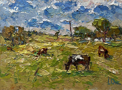 Impasto oil painting by Oksana Ivanyuk: cows grazing on hot day in field