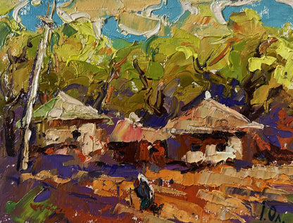 Vibrant impressionist oil painting by Oleksiy Ivanyuk of warm evening sunset over rural village