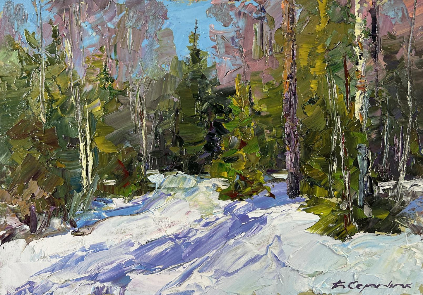 Vibrant impressionist oil painting Winter fairy tale in snowy forest by Boris Serdyuk