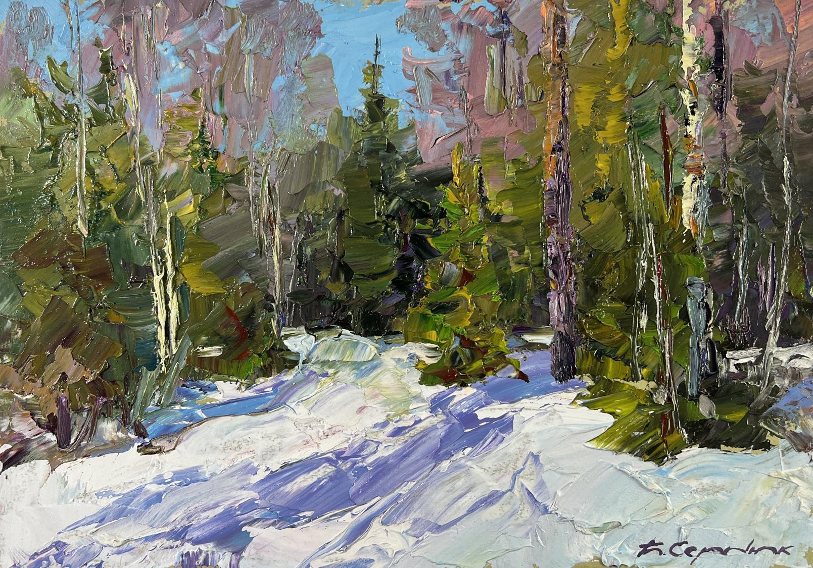 Vibrant impressionist oil painting Winter fairy tale in snowy forest by Boris Serdyuk