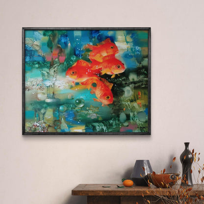 Vibrant abstract oil painting of orange goldfish by Anatoly Tarabanov