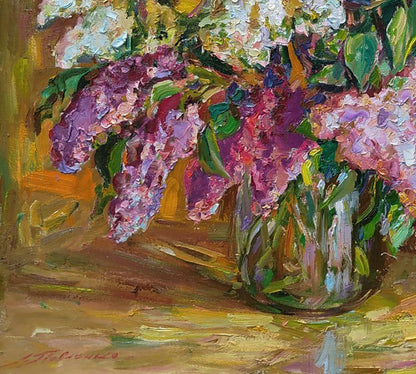 Vibrant impressionistic oil painting of lilac blossoms by Leonid Pavlenko
