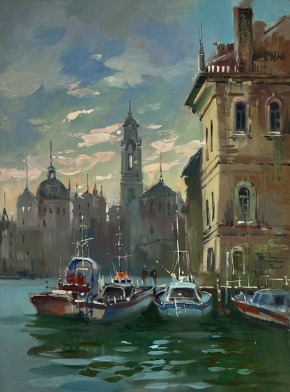 Serene impressionistic oil painting of Venice sunrise canal by Yuriy Suprunchuk