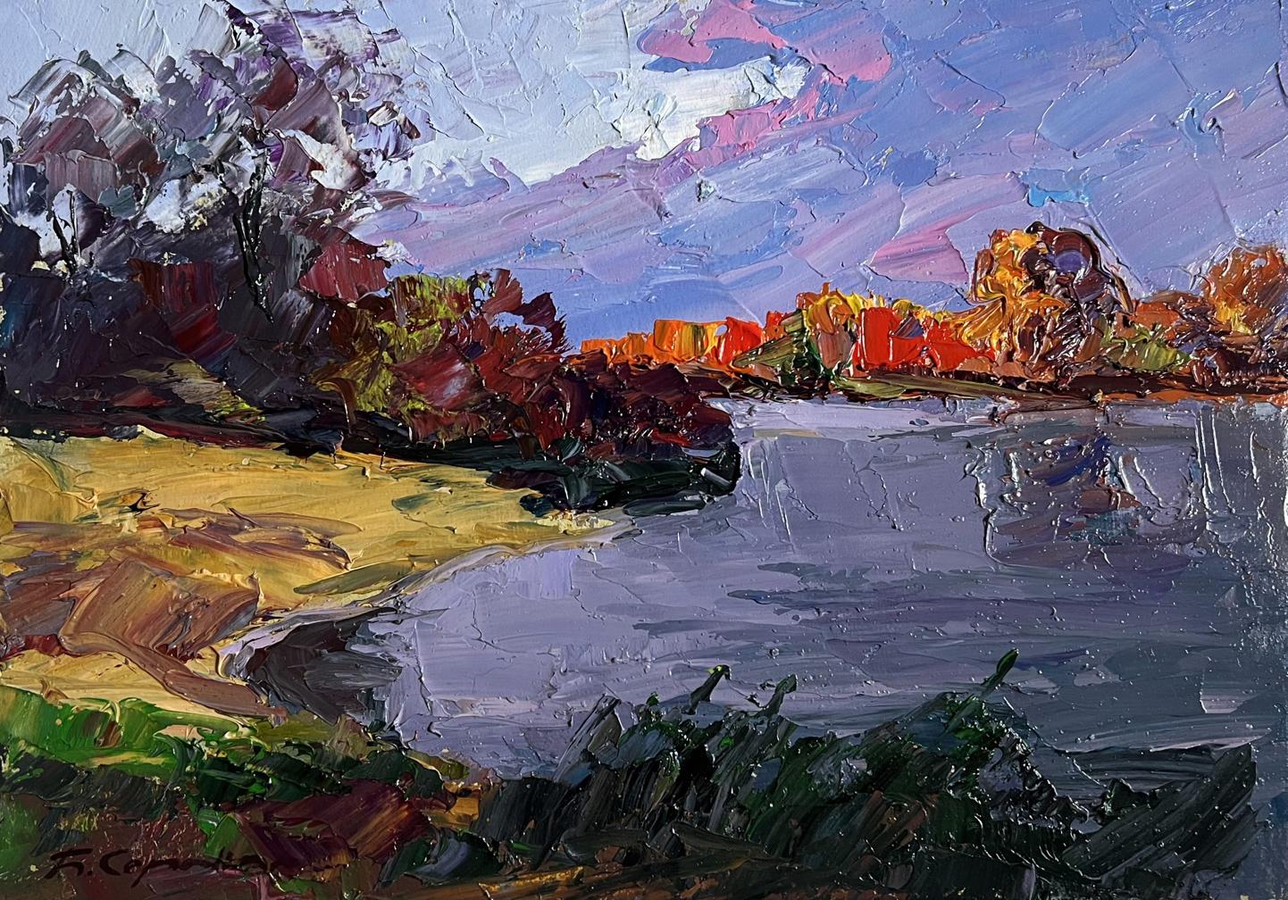 Vibrant impressionist oil painting of autumn evening riverbank by Boris Serdyuk