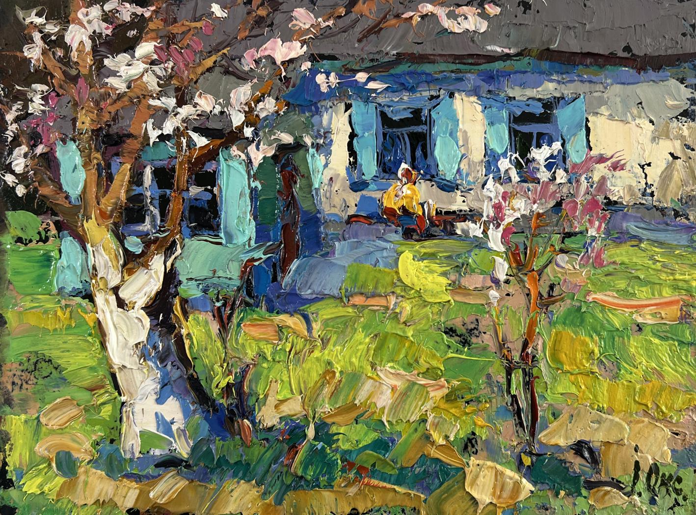 Oil painting Silence and sun in the yard by Oksana Ivanyuk with blossoming tree