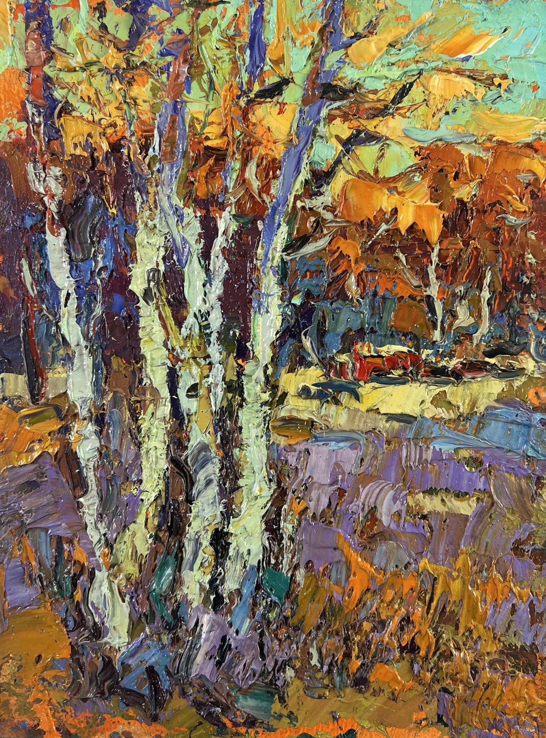 Vibrant impressionist oil painting of young aspens by Oksana Ivanyuk