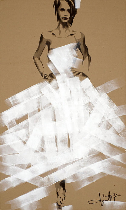 Stylized acrylic painting of bride in avant-garde white gown by Dima Filatov