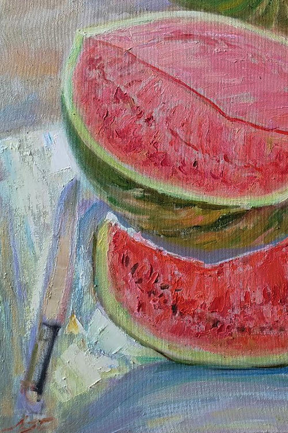Oil painting of vibrant watermelon slice by Leonid Pavlenko