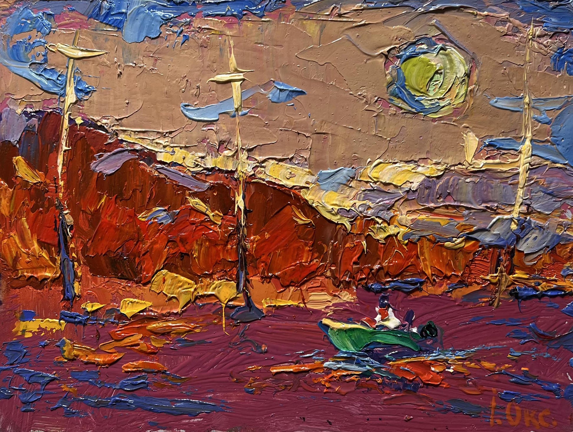 Vibrant oil painting by Oksana Ivanyuk: green boat sailing into sunset