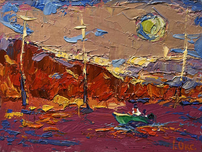 Vibrant oil painting by Oksana Ivanyuk: green boat sailing into sunset
