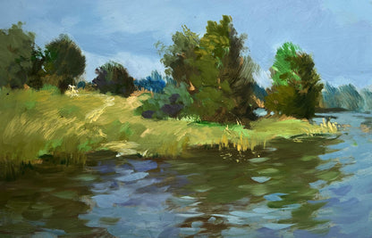 Serene impressionistic oil painting of riverbank downpour by Yuriy Suprunchuk