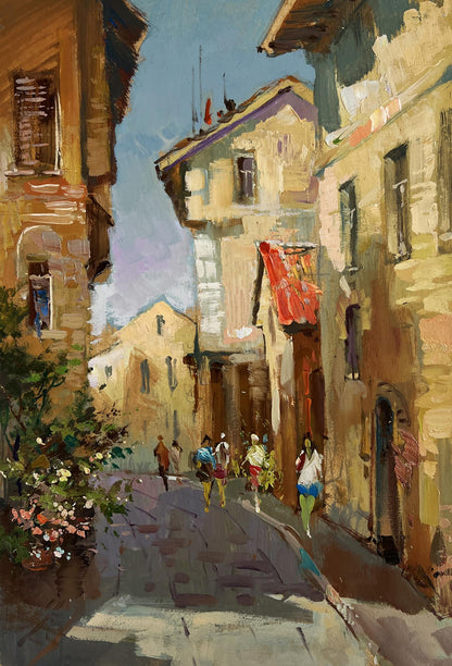 Warm-toned oil painting by Yuriy Suprunchuk of sunlit European alleyway