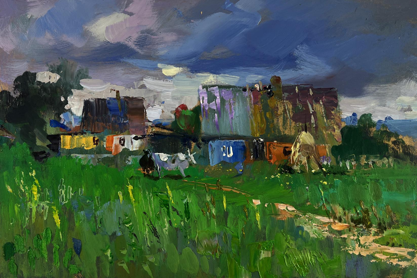 Vibrant impressionist oil painting by Yuriy Suprunchuk of rural idyll with huts and cattle