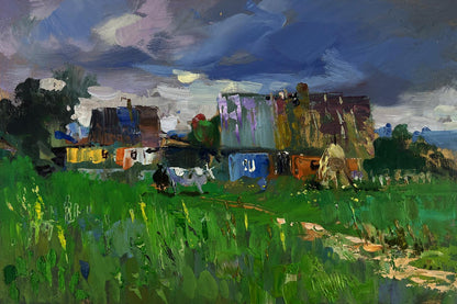 Vibrant impressionist oil painting by Yuriy Suprunchuk of rural idyll with huts and cattle