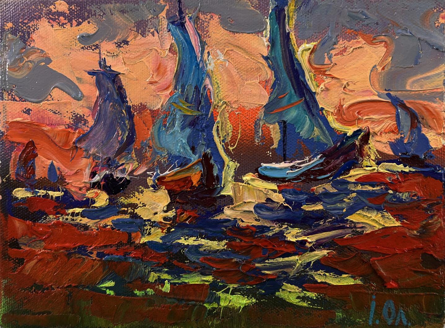 Vibrant Oleksiy Ivanyuk oil painting of sailboats and orange sunset on turbulent sea