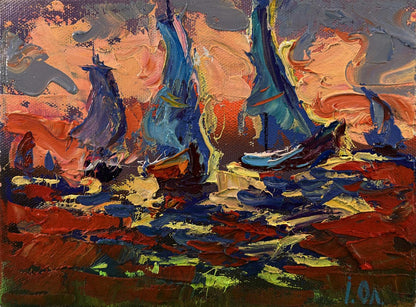 Vibrant Oleksiy Ivanyuk oil painting of sailboats and orange sunset on turbulent sea
