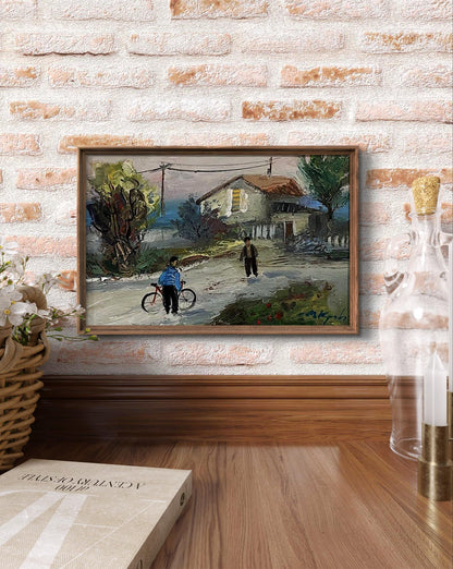 Framed oil painting by Dmytro Kravtsov of rural bike scene in brown wood frame